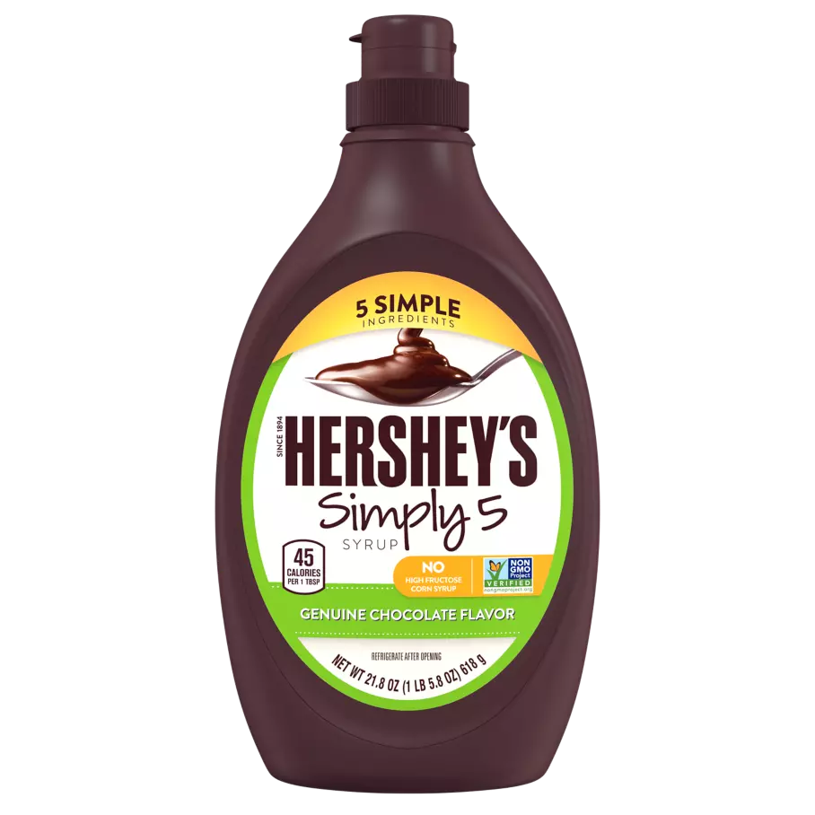 HERSHEY'S SIMPLY 5 Chocolate Syrup, 16.35 lb box, 12 bottles - Front of Individual Package