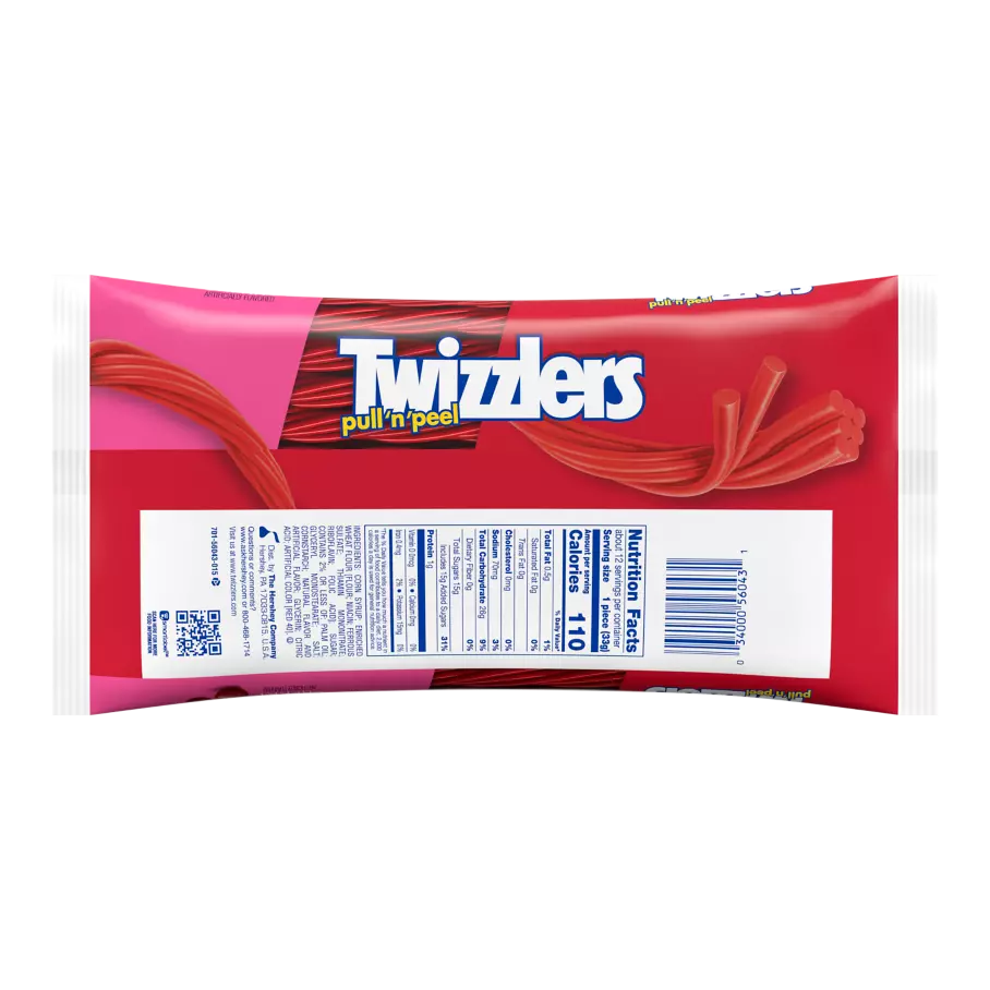 TWIZZLERS PULL 'N' PEEL Cherry Flavored Candy, 14 oz bag - Back of Package