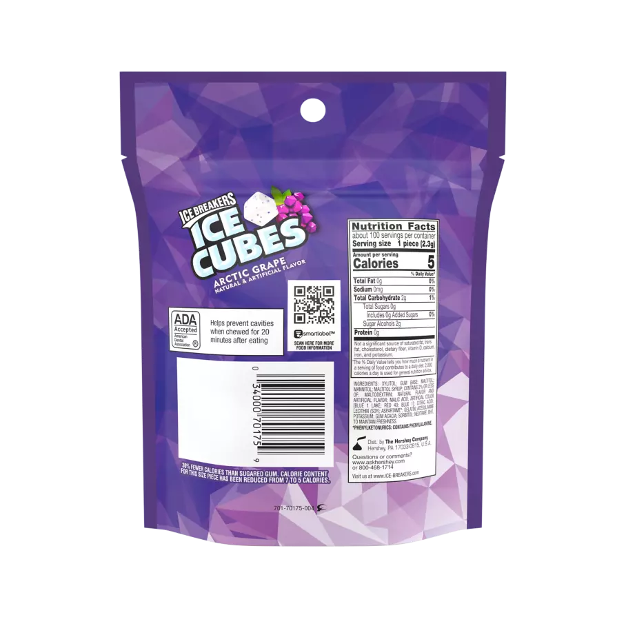 ICE BREAKERS ICE CUBES Arctic Grape Sugar Free Gum, 8.11 oz bag, 100 pieces - Back of Package