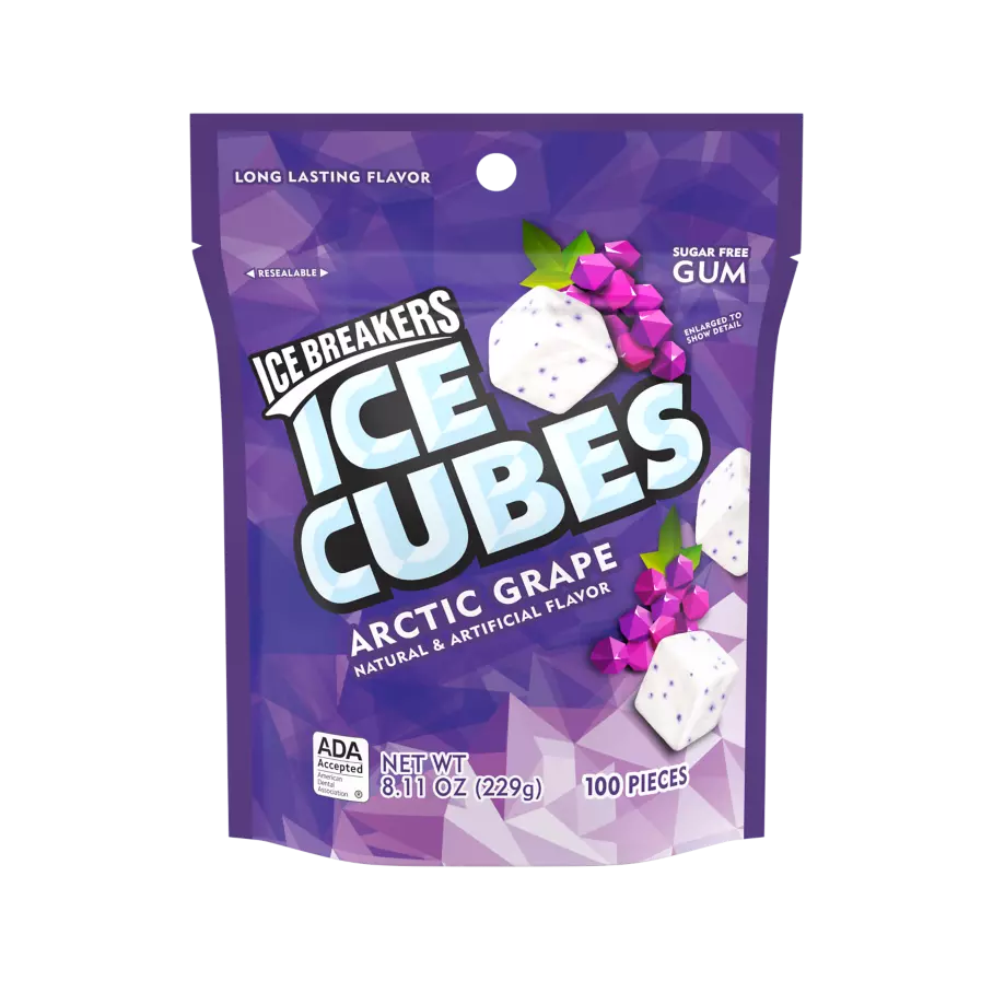 ICE BREAKERS ICE CUBES Arctic Grape Sugar Free Gum, 8.11 oz bag, 100 pieces - Front of Package