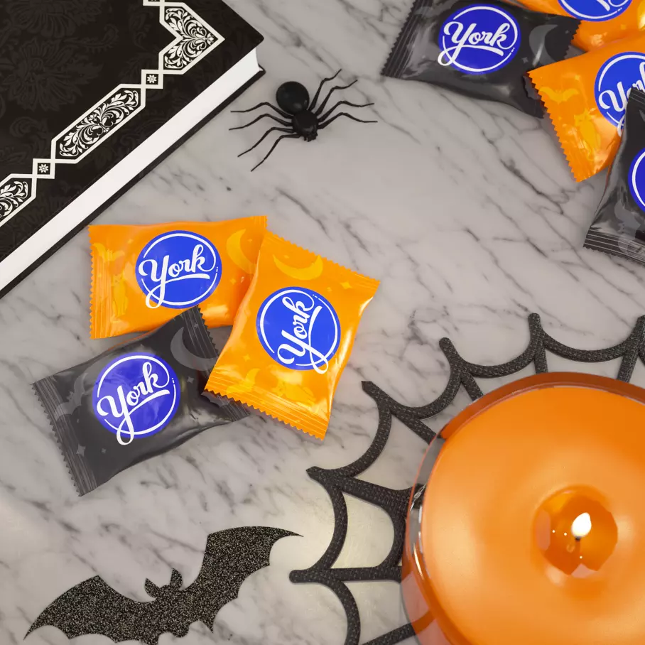 Halloween decorations surrounding york dark chocolate snack size peppermint patties