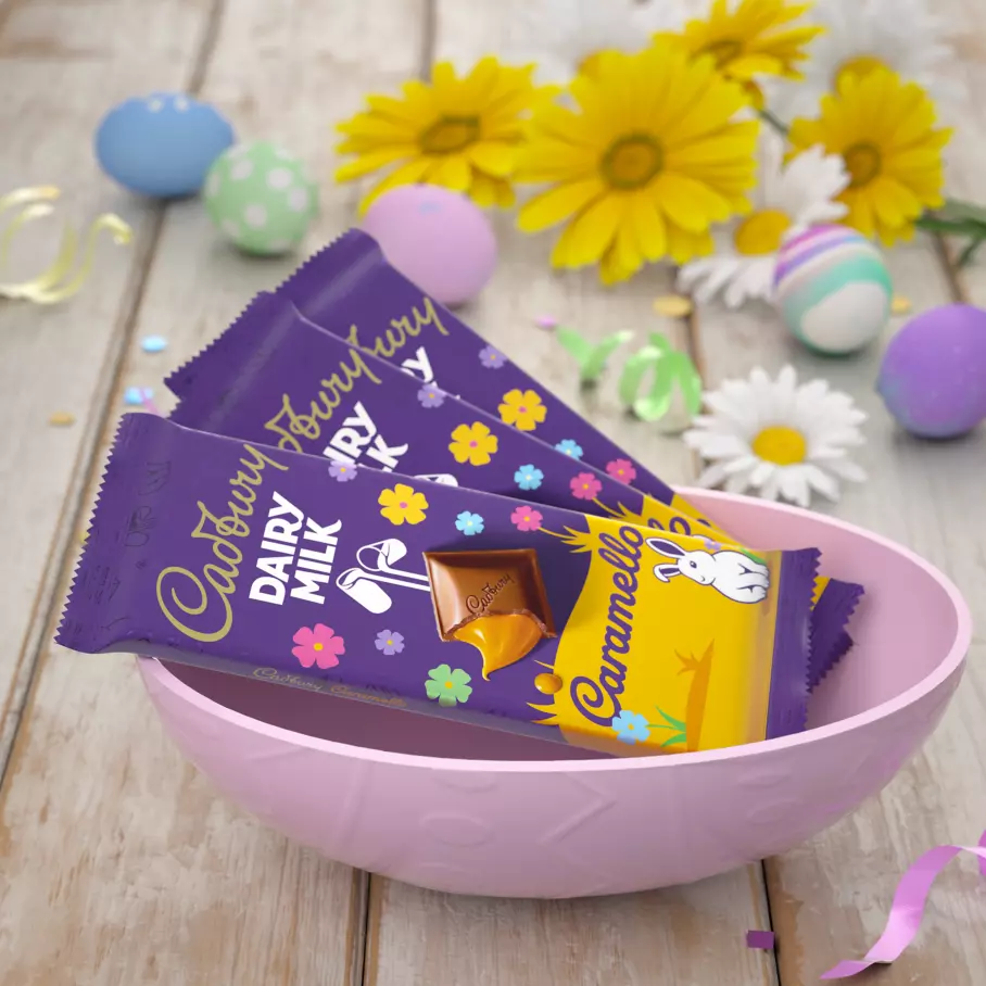 CADBURY CARAMELLO Easter Candy Bars inside pink egg shaped bowl