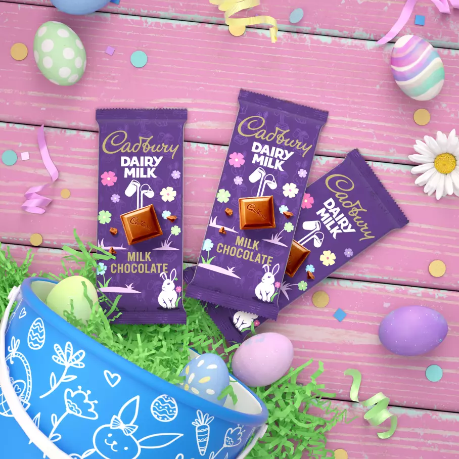 CADBURY DAIRY MILK Easter Candy Bars inside Easter bucket