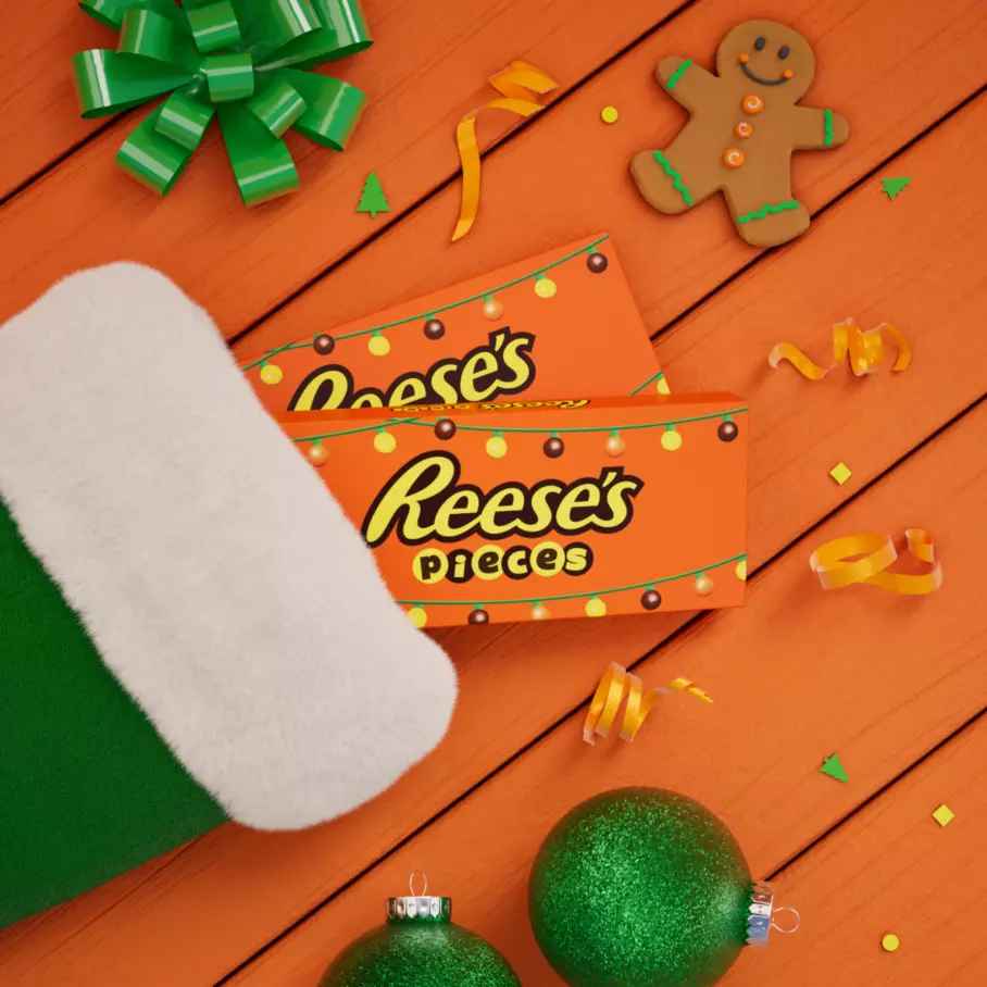 REESE'S PIECES Peanut Butter Candy inside Christmas stocking