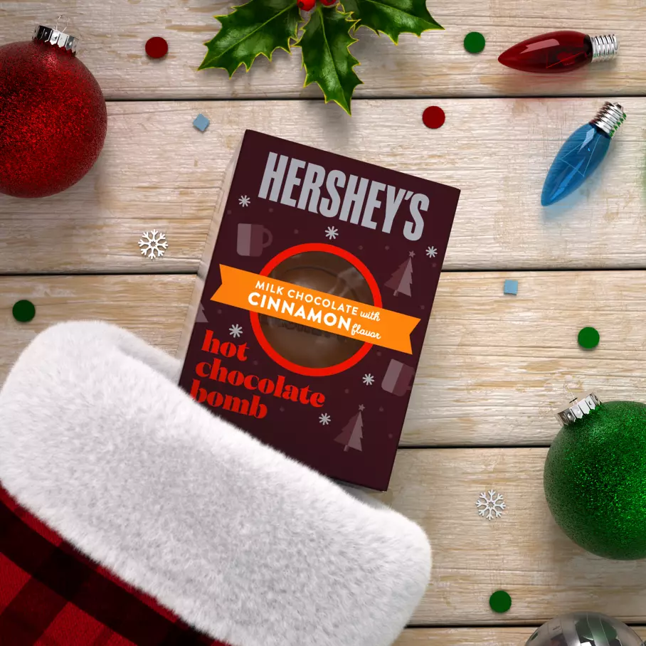 HERSHEY'S Milk Chocolate Bomb inside Christmas stocking