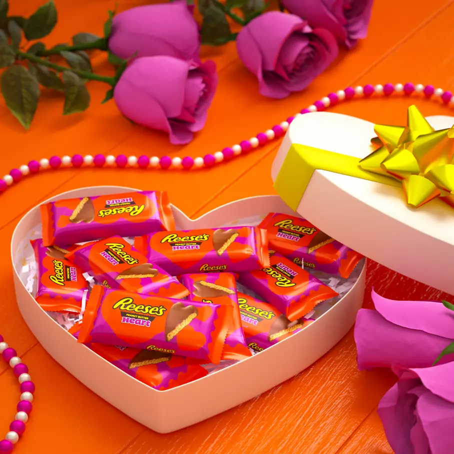 REESE'S Milk Chocolate Peanut Butter Hearts inside heart shaped gift box