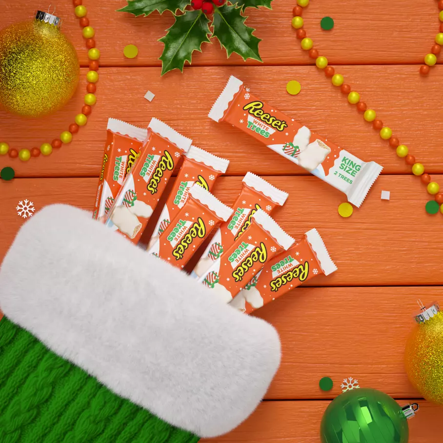 REESE'S White Creme Peanut Butter King Size Trees inside Christmas stocking
