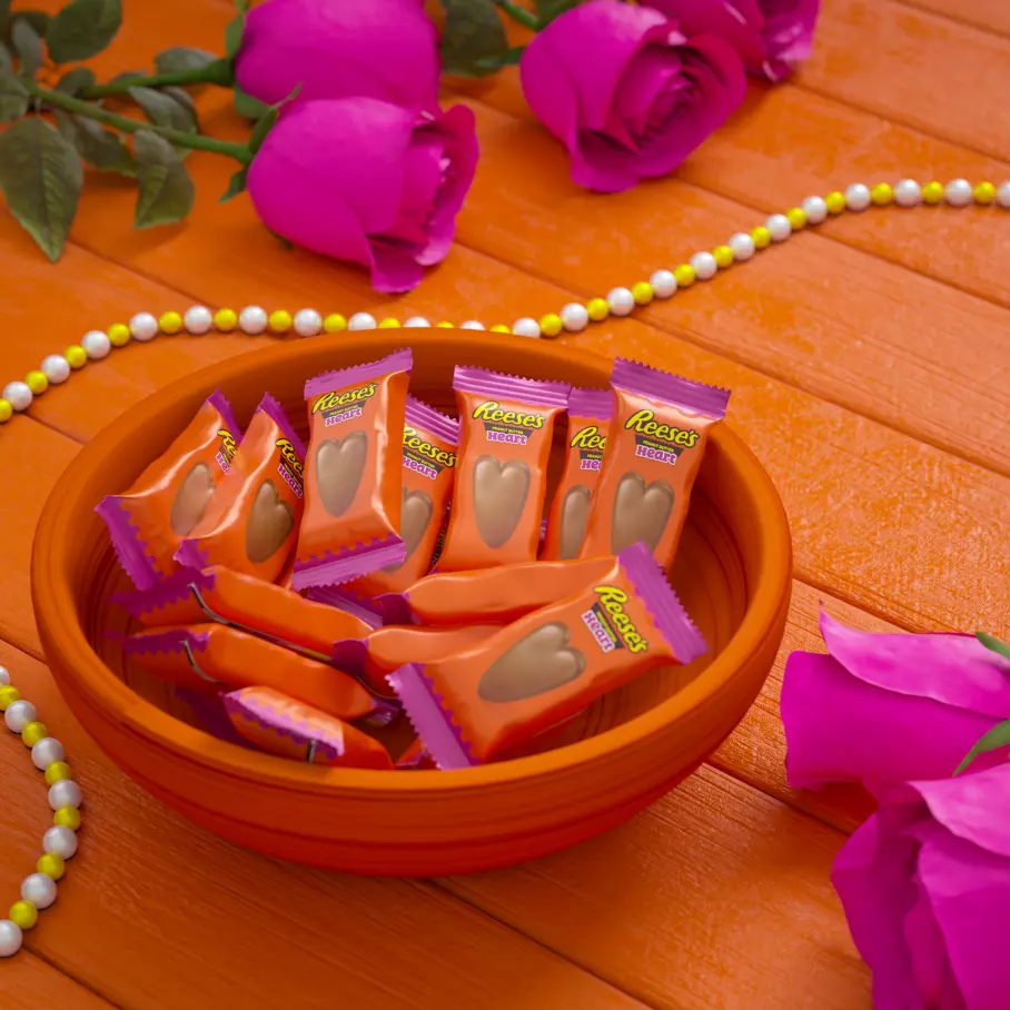 decorative bowl filled with reeses milk chocolate peanut butter snack size hearts