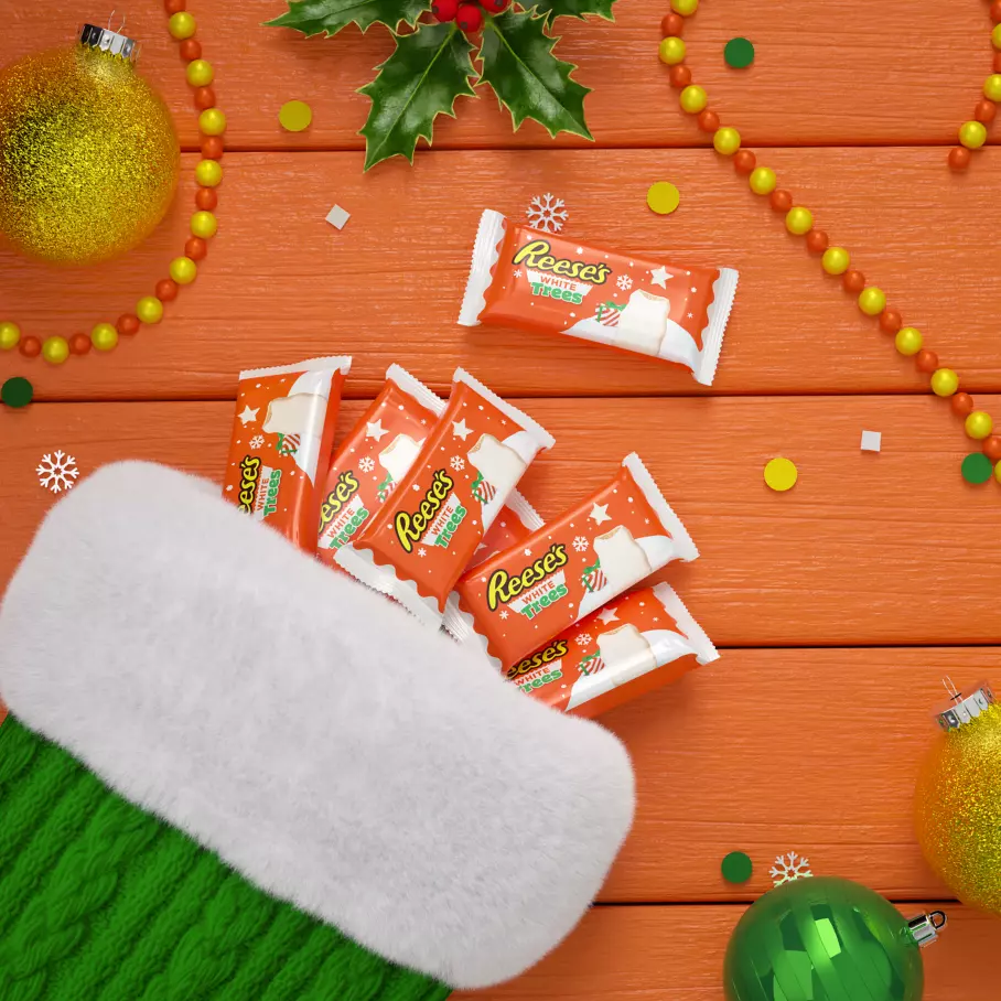REESE'S White Creme Peanut Butter Trees inside Christmas stocking