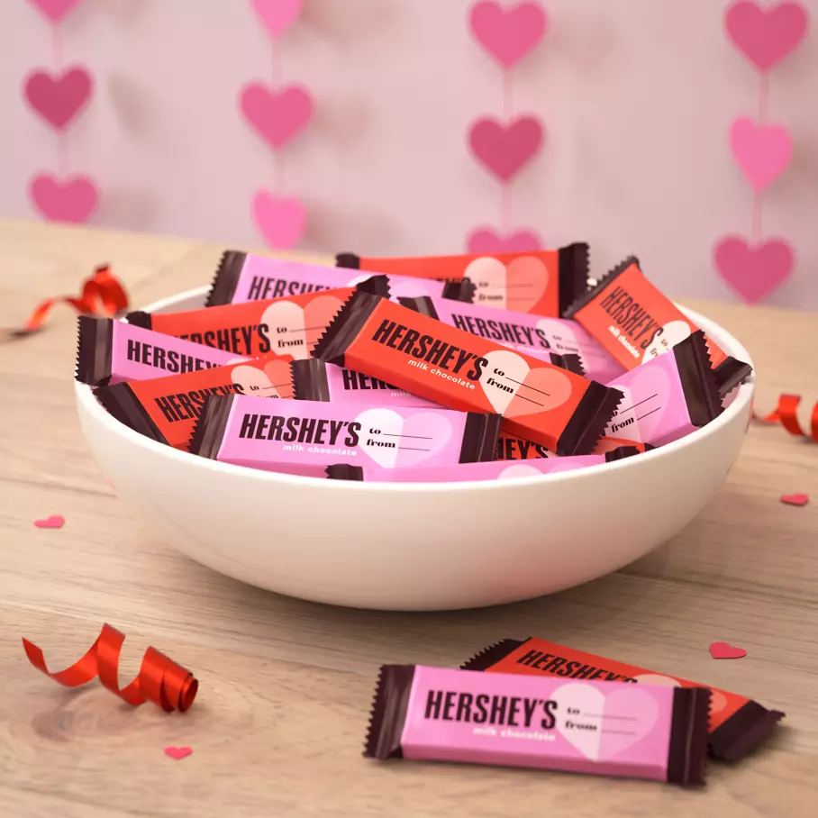 white bowl filled with hersheys valentines milk chocolate snack size candy bars