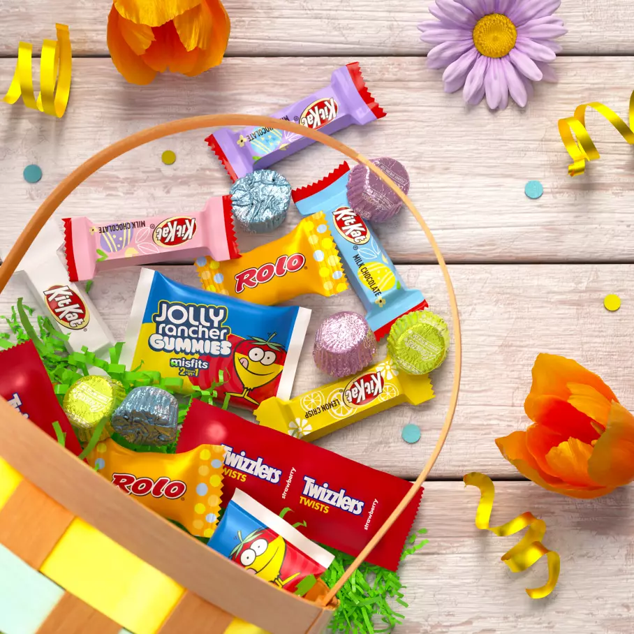 Assorted Hershey Candies inside Easter basket