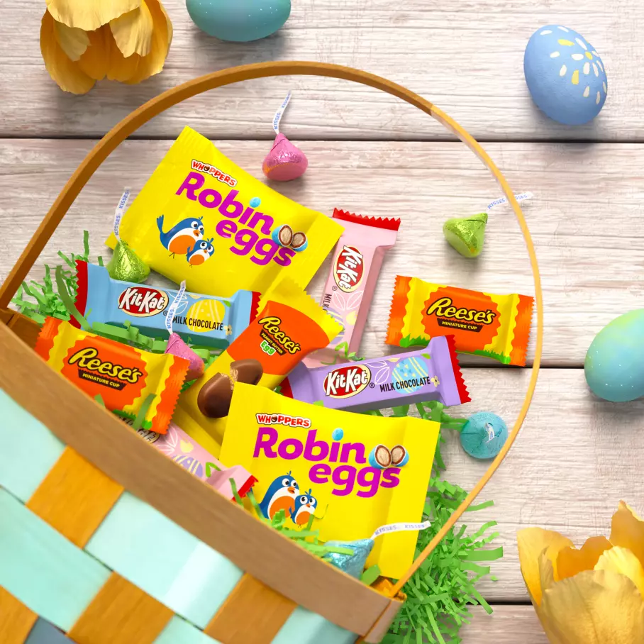 easter basket filled with assorted hersheys easter candy