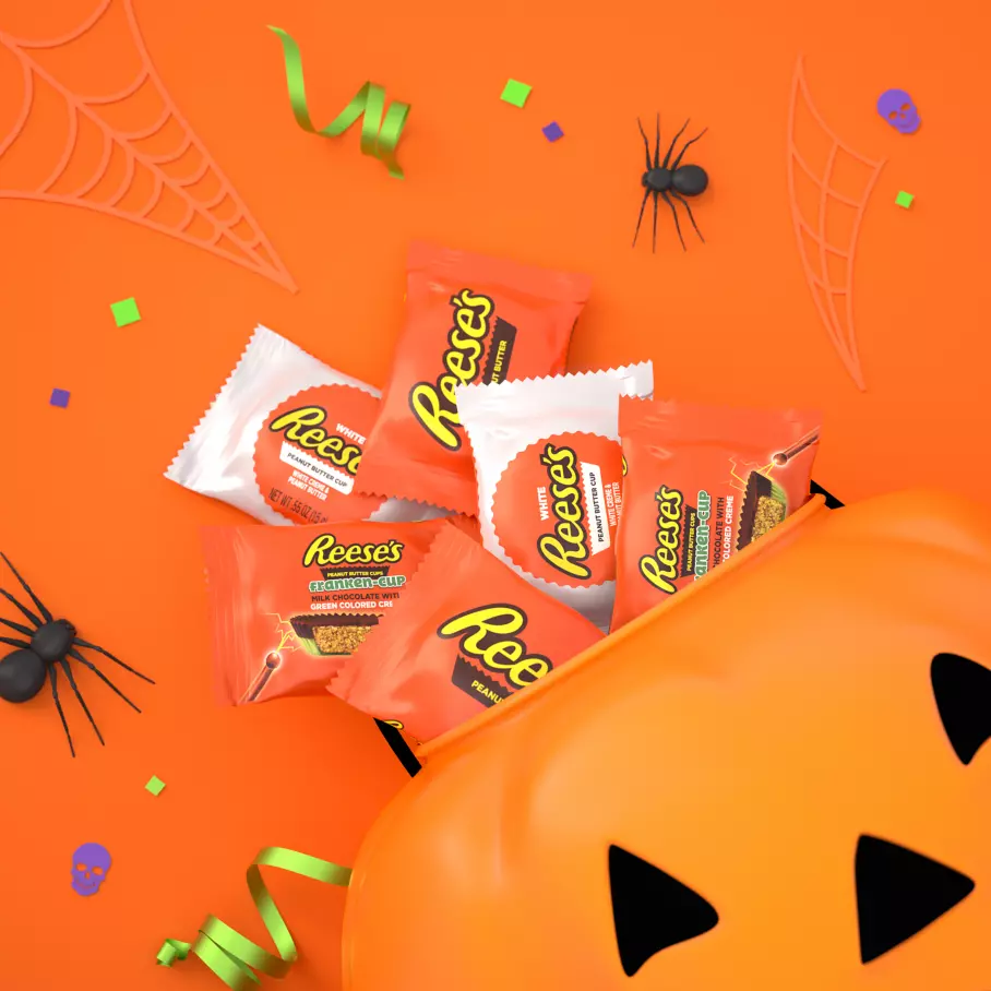 Pumpkin bucket filled with assorted reeses halloween lovers snack size candy