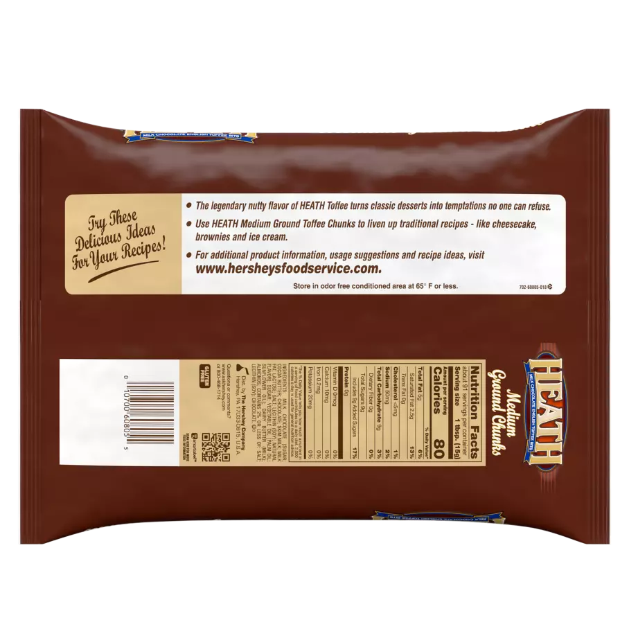 HEATH Milk Chocolate English Toffee Medium Grind Chunks, 12 lb box, 4 bags - Back of Individual Package
