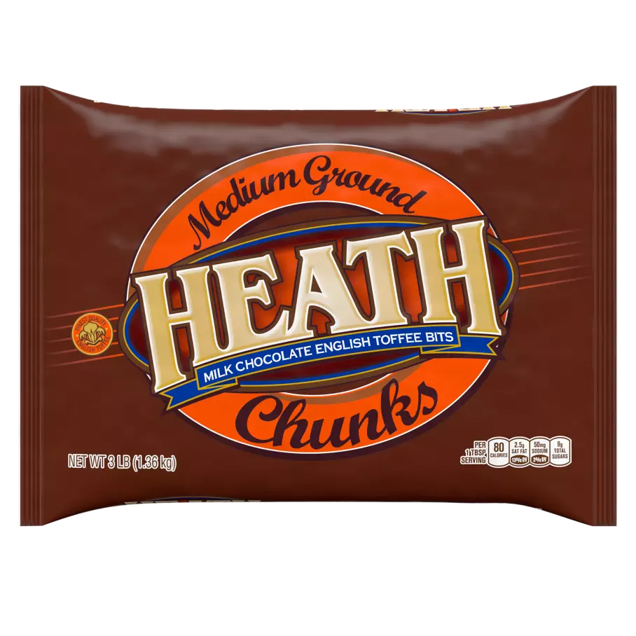 HEATH Milk Chocolate English Toffee Medium Grind Chunks, 12 lb box, 4 bags - Front of Individual Package