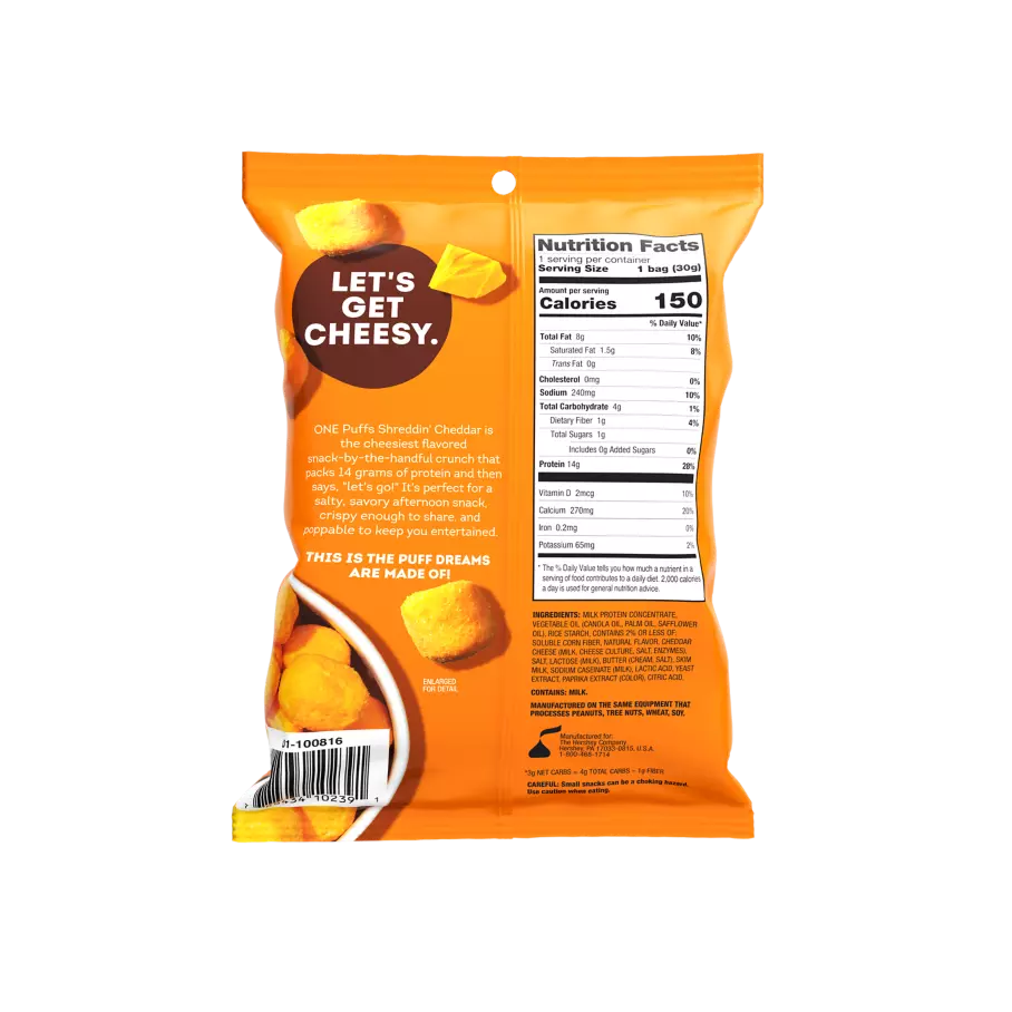 ONE PUFFS Shreddin’ Cheddar Flavored Protein Snack, 1.05 oz bag - Back of Package