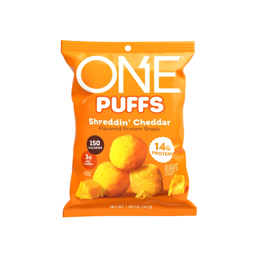 ONE PUFFS Shreddin’ Cheddar Flavored Protein Snack, 1.05 oz bag - Front of Package