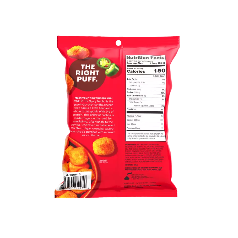 ONE PUFFS Spicy Nacho Flavored Protein Snack, 1.05 oz bag - Back of Package