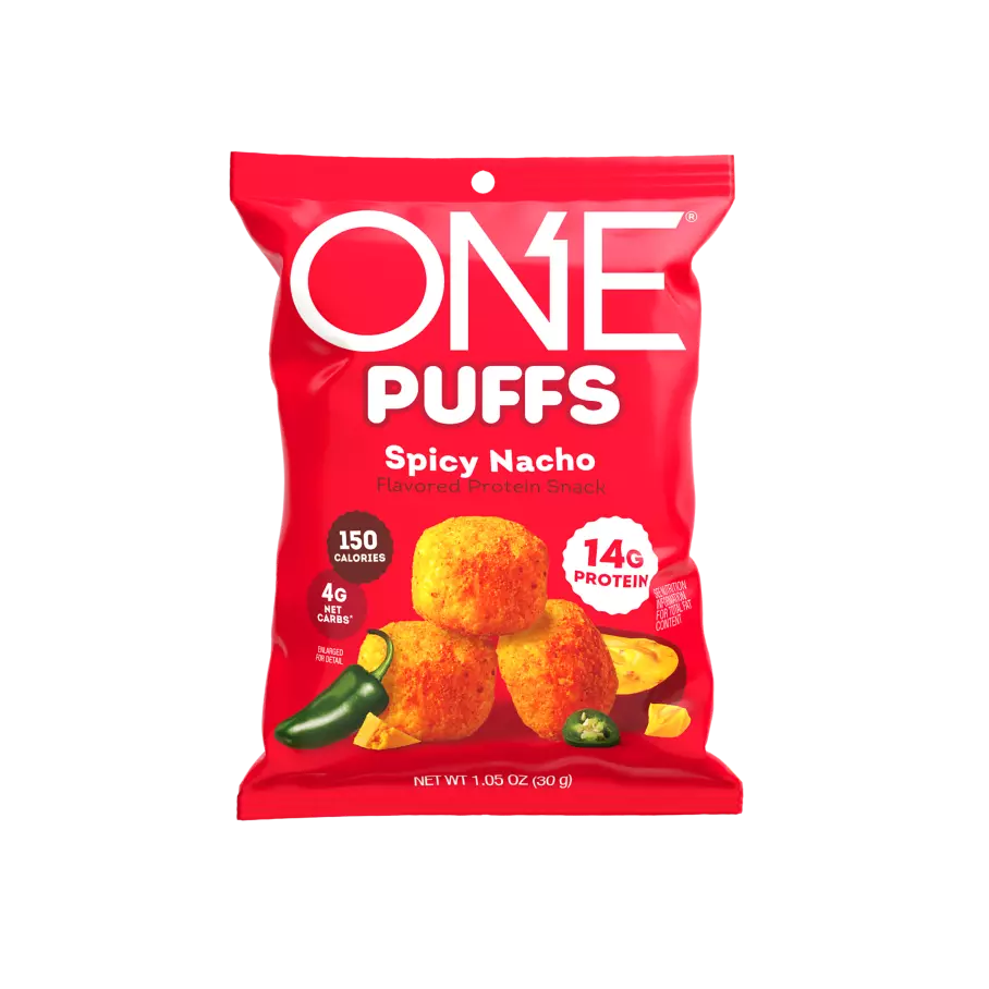 ONE PUFFS Spicy Nacho Flavored Protein Snack, 1.05 oz bag - Front of Package