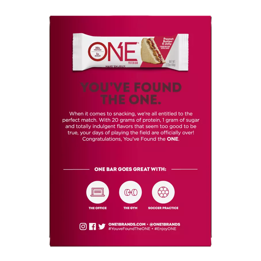 ONE BARS Peanut Butter & Jelly Flavored Protein Bars, 2.12 oz, 4 count box - Back of Package