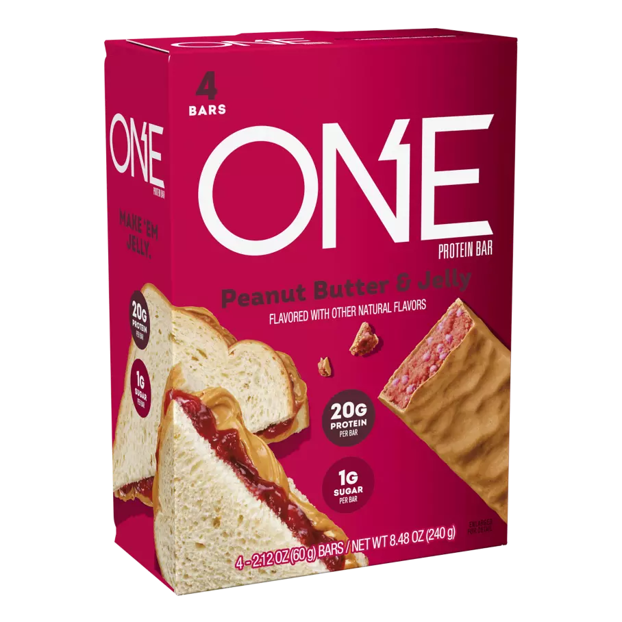 ONE BARS Peanut Butter & Jelly Flavored Protein Bars, 2.12 oz, 4 count box - Left Side of Package