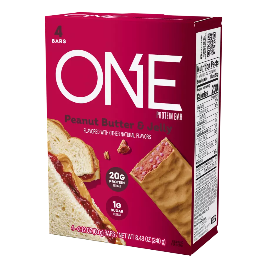 ONE BARS Peanut Butter & Jelly Flavored Protein Bars, 2.12 oz, 4 count box - Right Side of Package