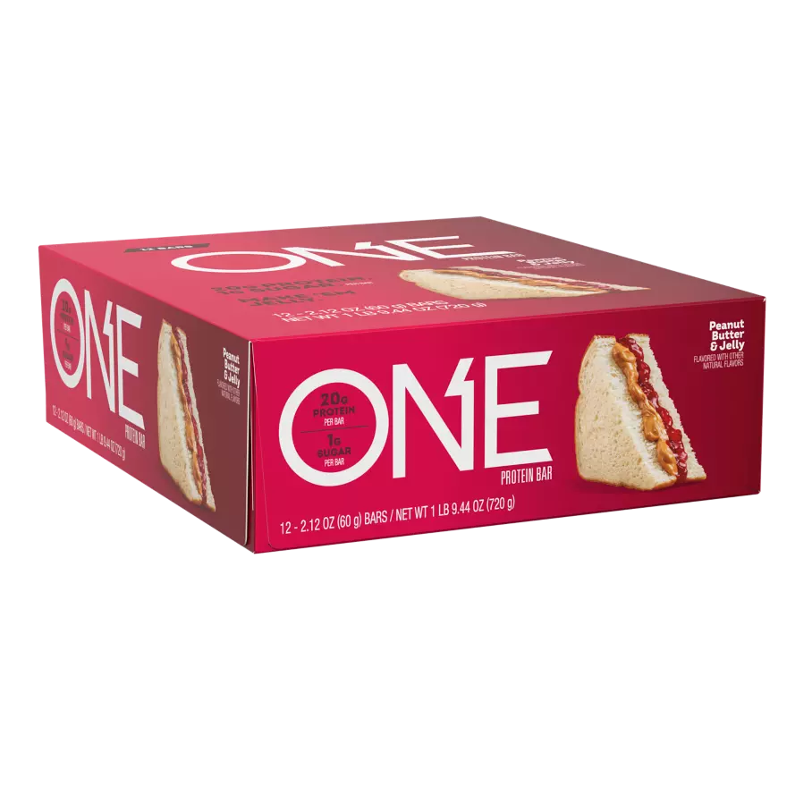 ONE BARS Peanut Butter & Jelly Flavored Protein Bars, 2.12 oz, 12 count box - Left Side of Package