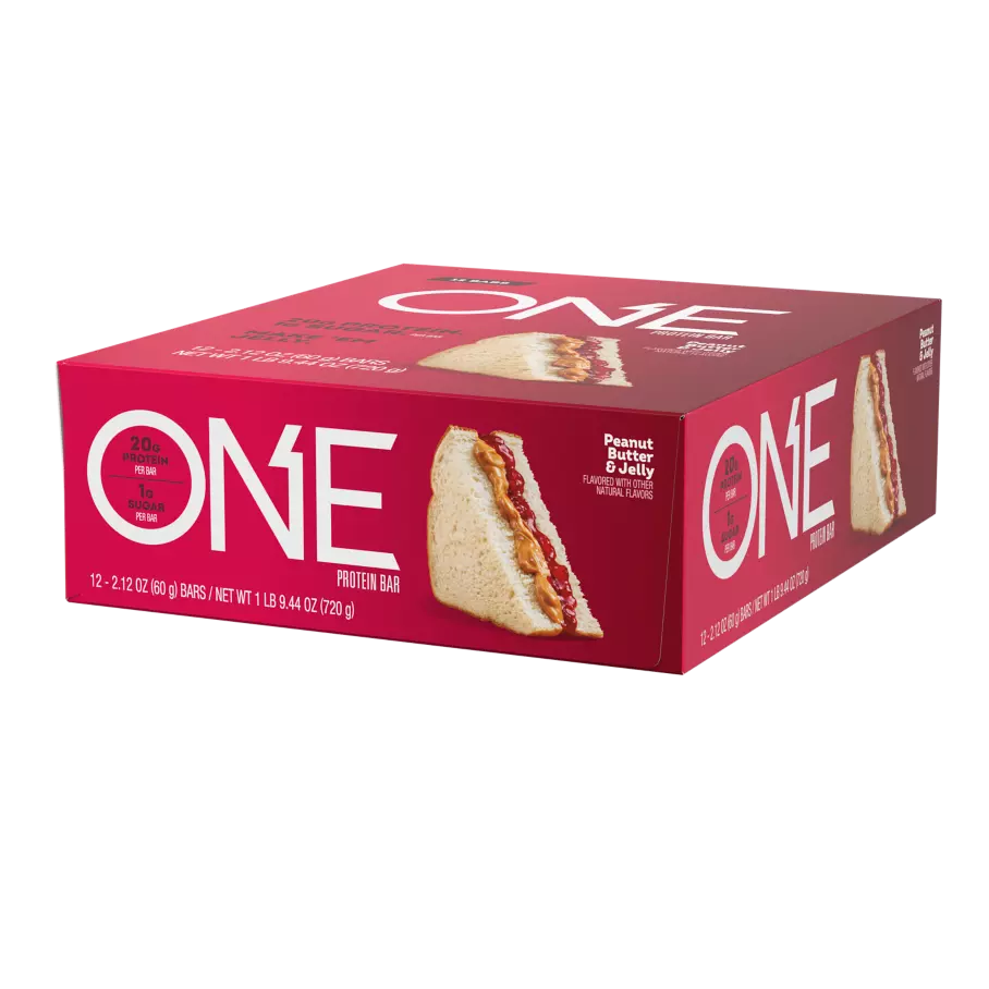 ONE BARS Peanut Butter & Jelly Flavored Protein Bars, 2.12 oz, 12 count box - Right Side of Package