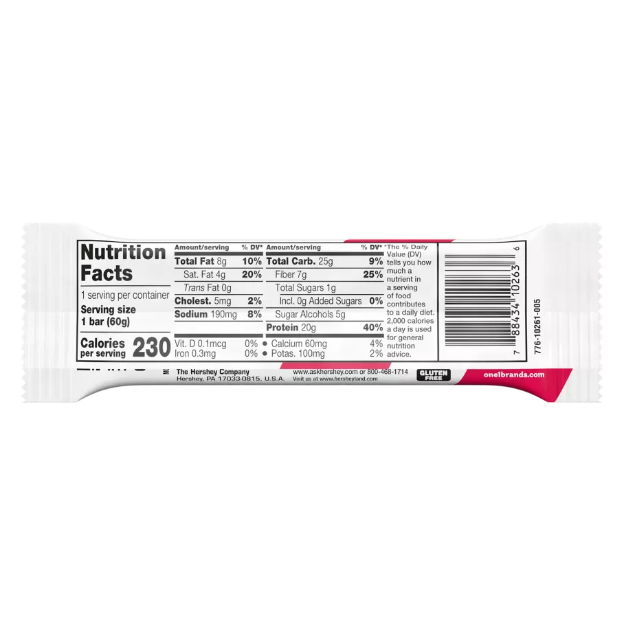 ONE BARS Peanut Butter & Jelly Flavored Protein Bar, 2.12 oz - Back of Package