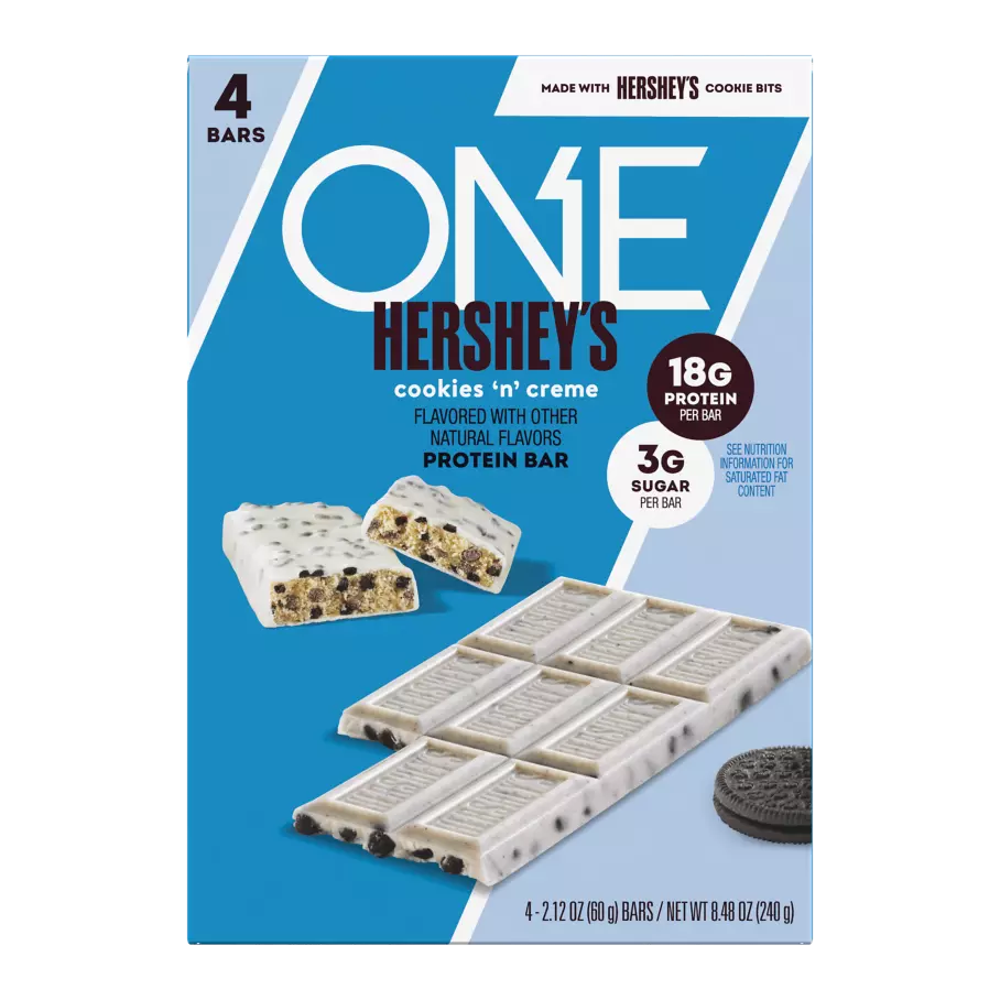ONE HERSHEY'S Cookies ‘N’ Creme Flavored Protein Bars, 2.12 oz, 4 count box - Front of Package