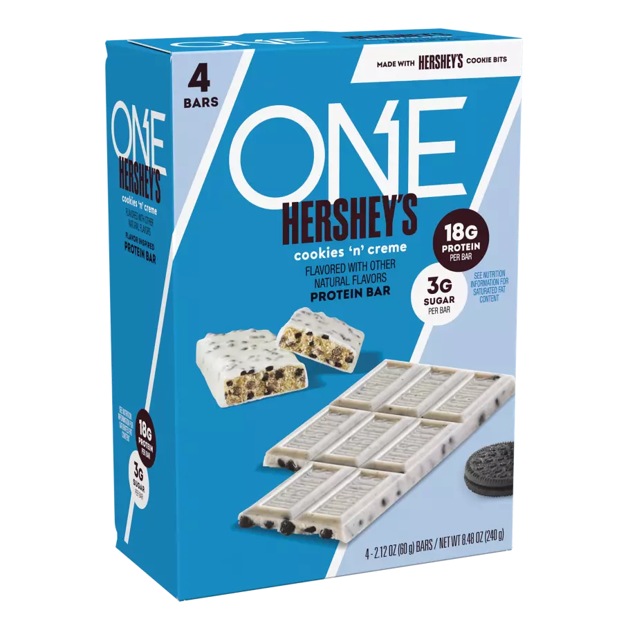 ONE HERSHEY'S Cookies ‘N’ Creme Flavored Protein Bars, 2.12 oz, 4 count box - Side of Package