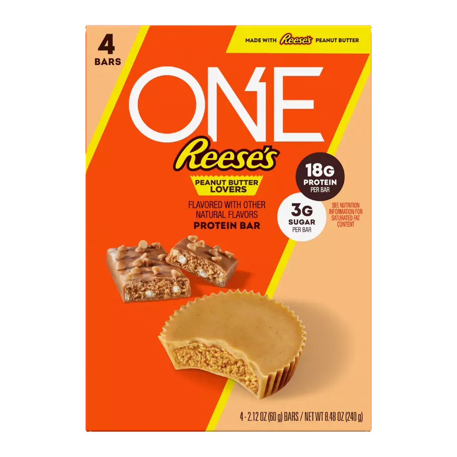 ONE REESE'S Peanut Butter Lovers Flavored Protein Bars, 2.12 oz, 4 count box - Front of Package