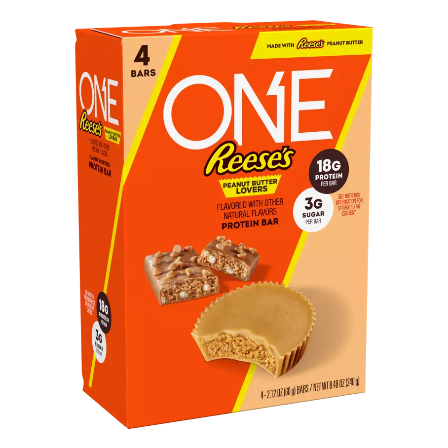 ONE REESE'S Peanut Butter Lovers Flavored Protein Bars, 2.12 oz, 4 count box - Side of Package