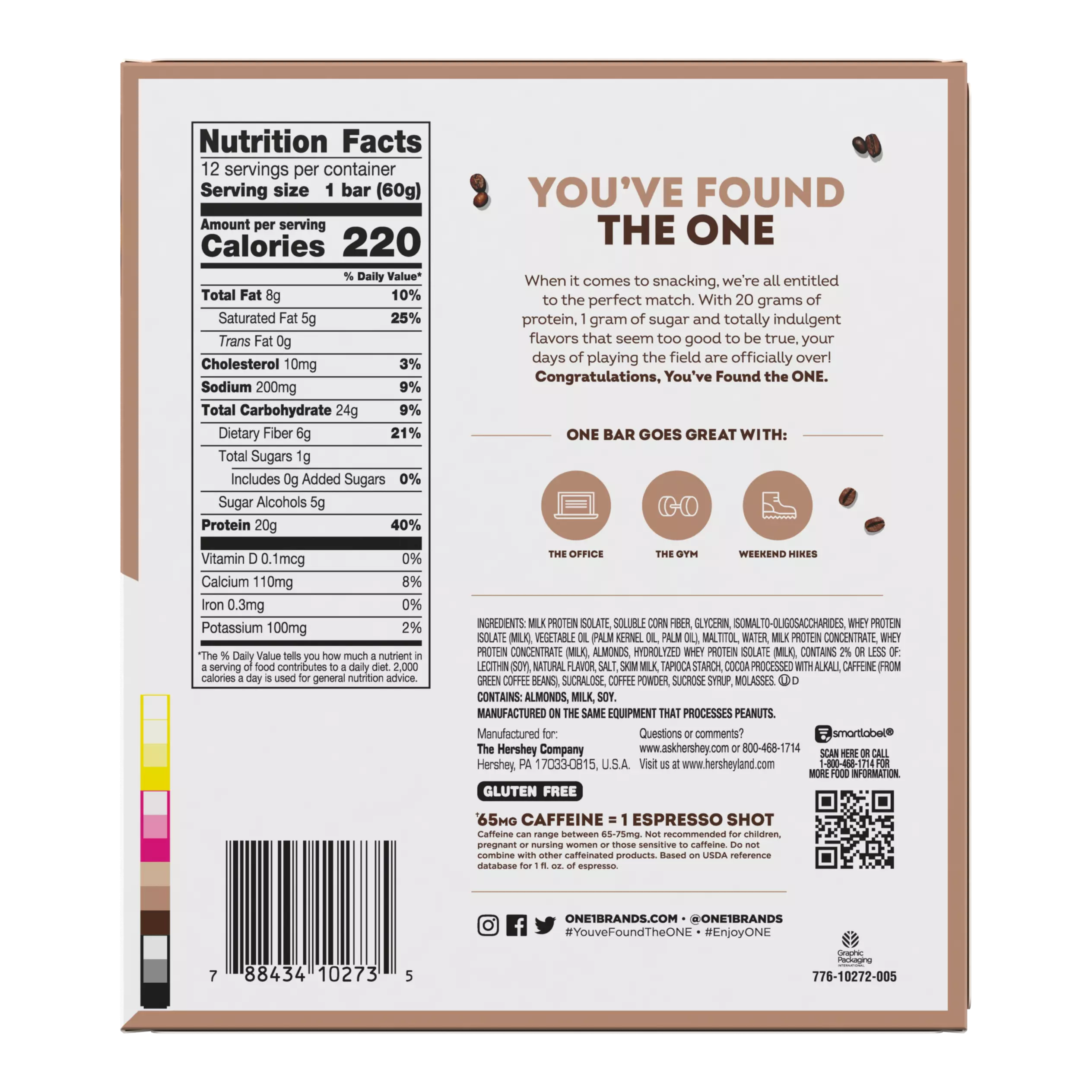 ONE COFFEE SHOP Vanilla Latte Flavored Protein Bars, 2.12 oz, 12 count box - Nutritional