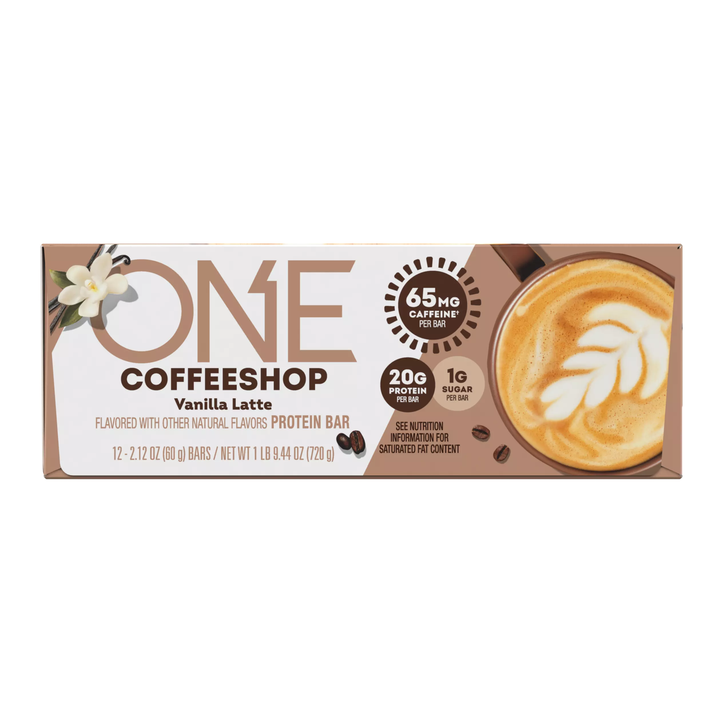 ONE COFFEE SHOP Vanilla Latte Flavored Protein Bars, 2.12 oz, 12 count box - Front of Package