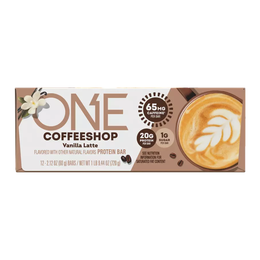 ONE COFFEE SHOP Vanilla Latte Flavored Protein Bars, 2.12 oz, 12 count box - Front of Package