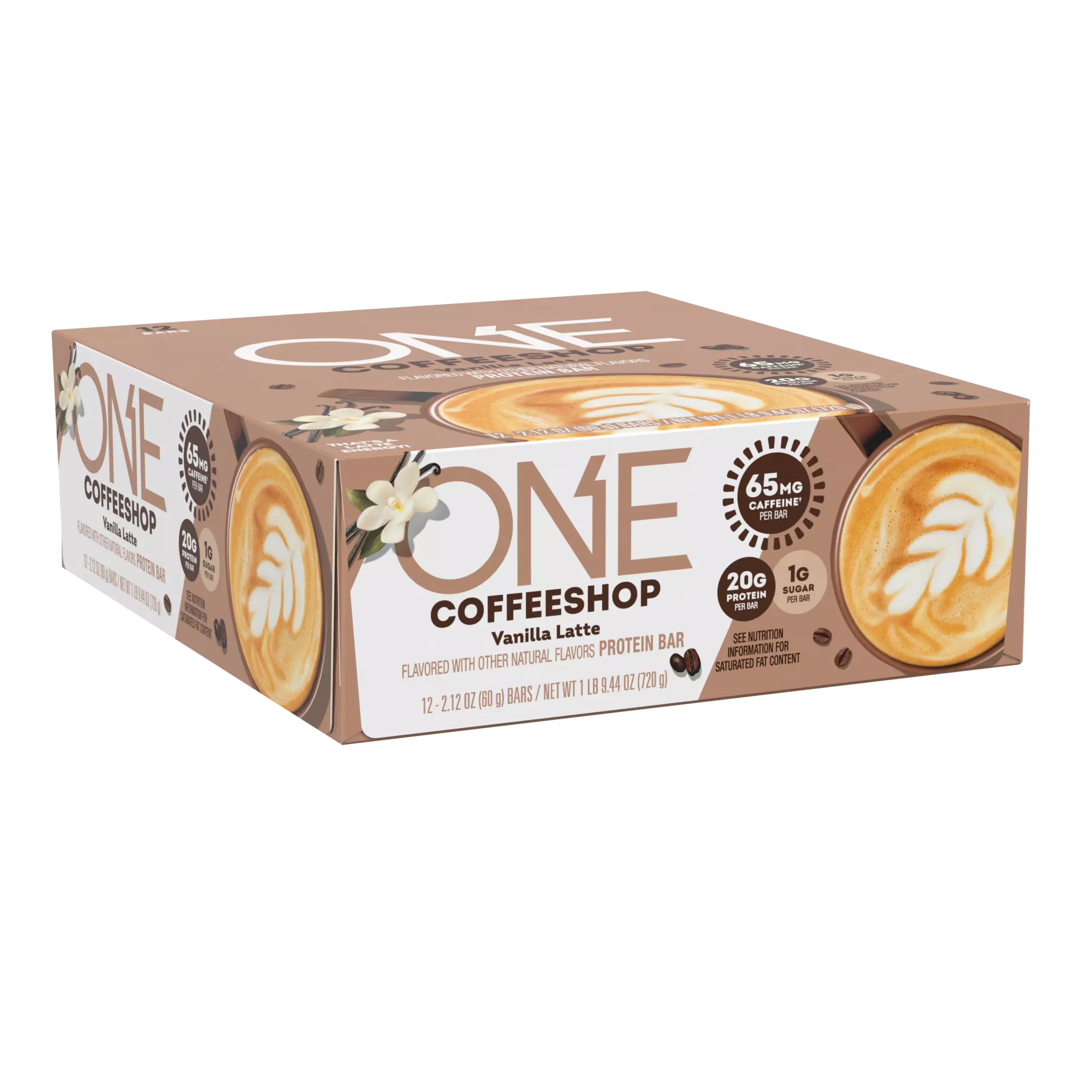 ONE COFFEE SHOP Vanilla Latte Flavored Protein Bars, 2.12 oz, 12 count box - Left Side of Package