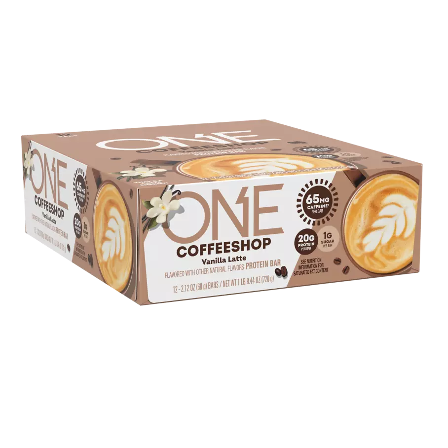 ONE COFFEE SHOP Vanilla Latte Flavored Protein Bars, 2.12 oz, 12 count box - Left Side of Package