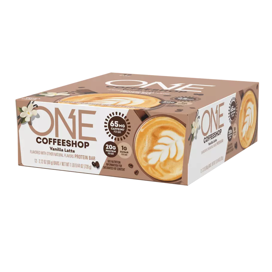 ONE COFFEE SHOP Vanilla Latte Flavored Protein Bars, 2.12 oz, 12 count box - Right Side of Package