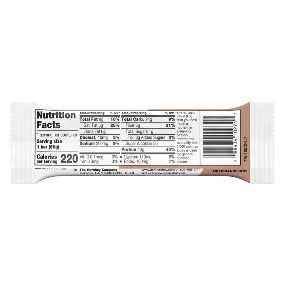 ONE COFFEE SHOP Vanilla Latte Flavored Protein Bar, 2.12 oz - Nutritional