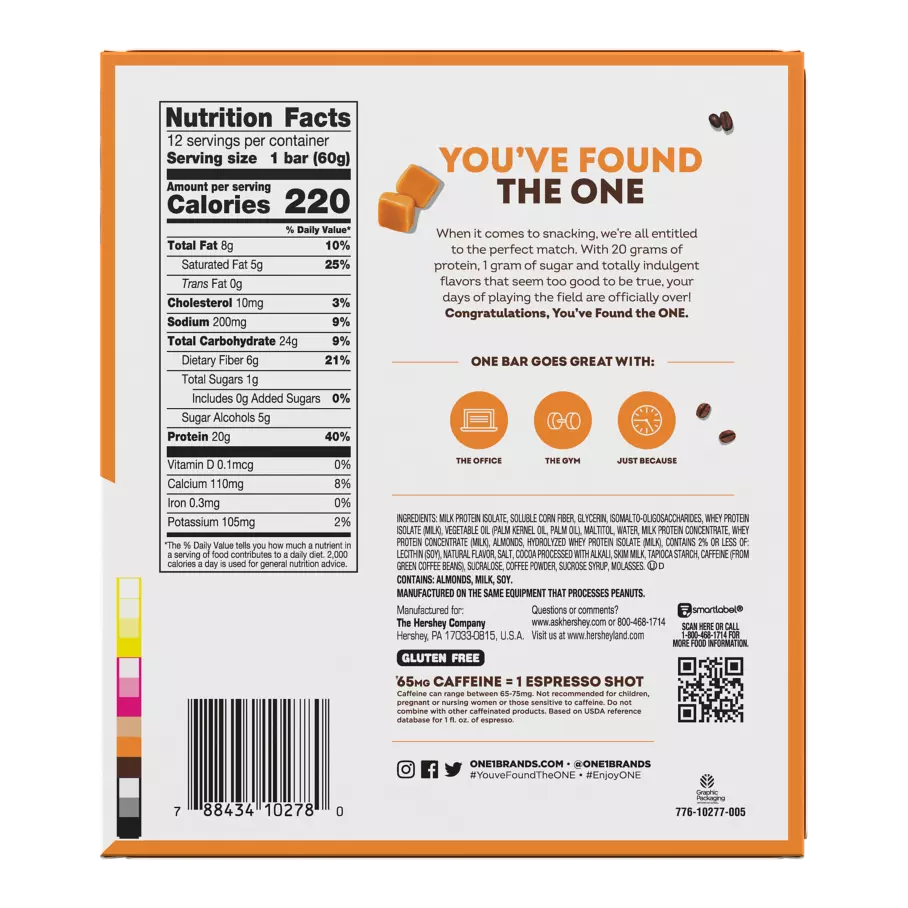 ONE COFFEE SHOP Caramel Macchiato Flavored Protein Bars, 2.12 oz, 12 count box - Bottom of Package