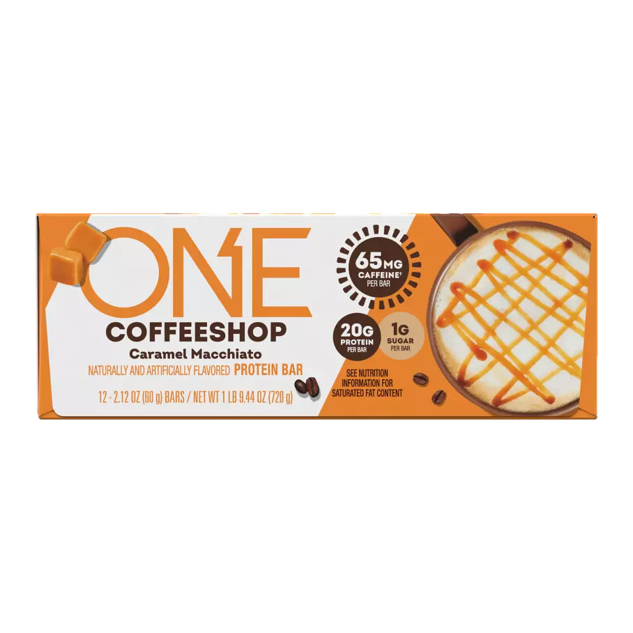 ONE COFFEE SHOP Caramel Macchiato Flavored Protein Bars, 2.12 oz, 12 count box - Front of Package