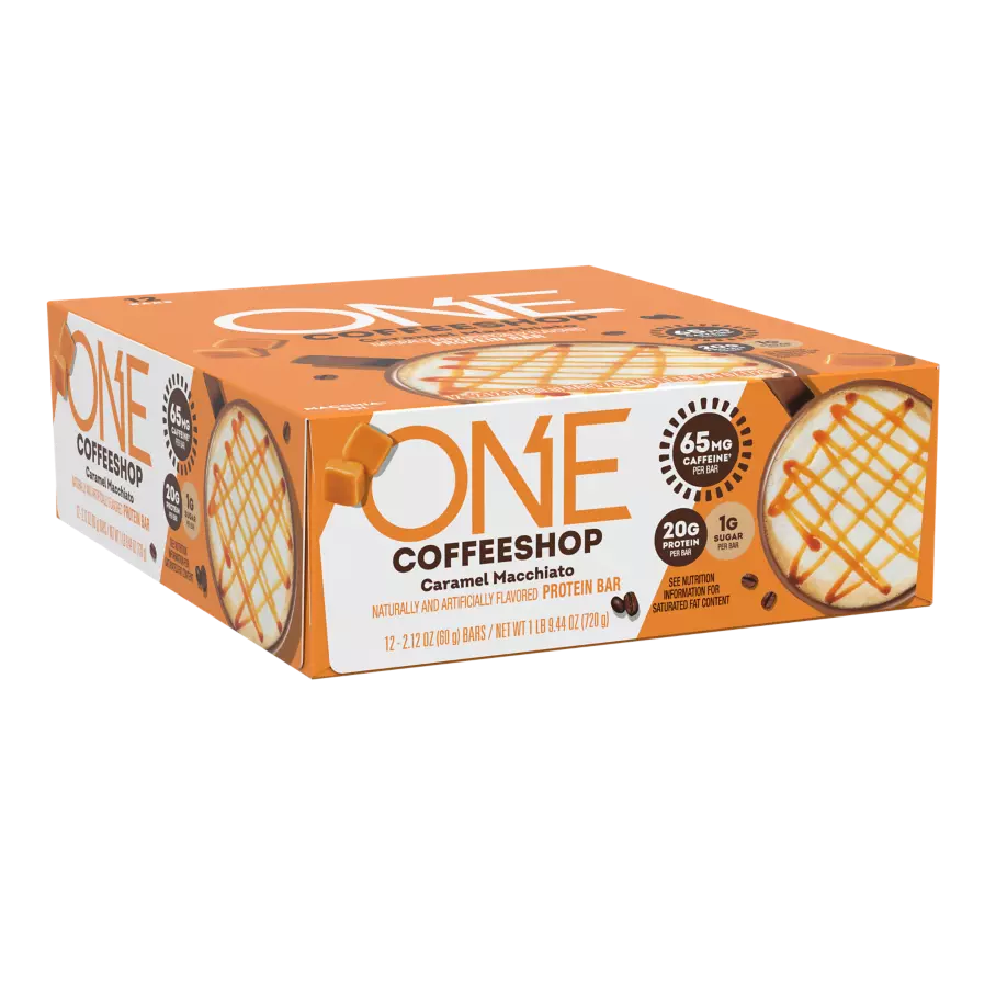 ONE COFFEE SHOP Caramel Macchiato Flavored Protein Bars, 2.12 oz, 12 count box - Left Side of Package