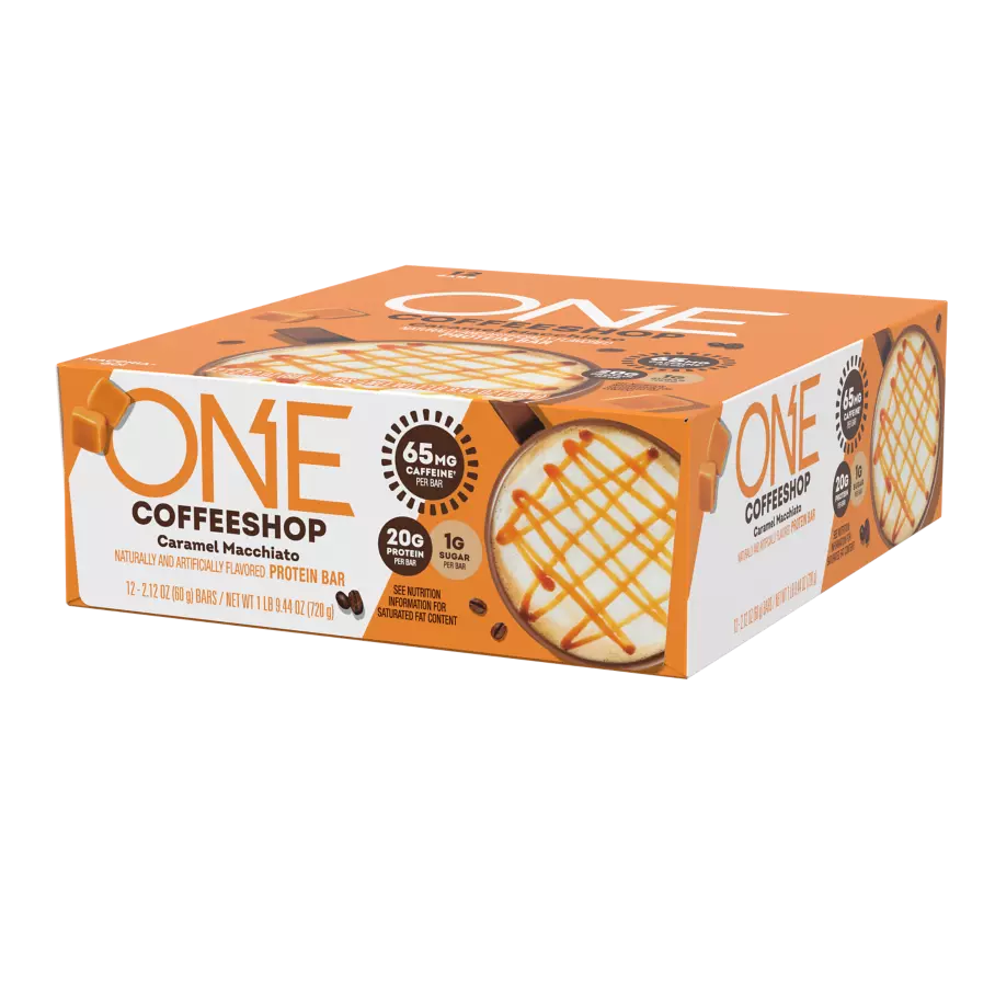 ONE COFFEE SHOP Caramel Macchiato Flavored Protein Bars, 2.12 oz, 12 count box - Right Side of Package
