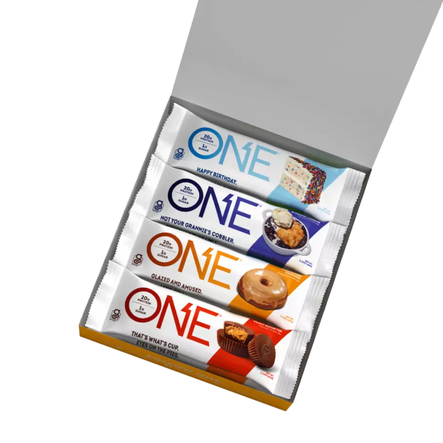 ONE BARS Sampler Variety Pack Flavored Protein Bars, 2.12 oz, 8 count box - Top of Package