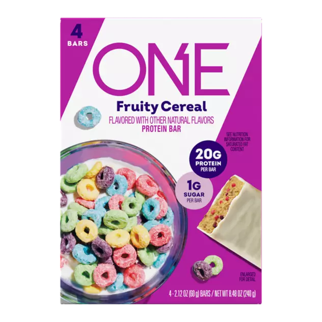 ONE BARS Fruity Cereal Flavored Protein Bars, 2.12 oz, 4 count box - Front of Package