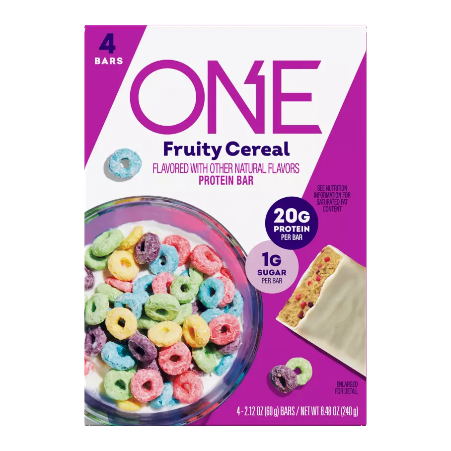 ONE BARS Fruity Cereal Flavored Protein Bars, 2.12 oz, 4 count box - Front of Package