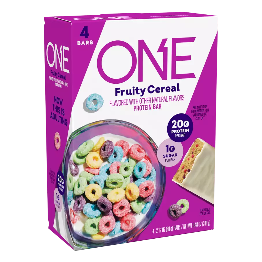 ONE BARS Fruity Cereal Flavored Protein Bars, 2.12 oz, 4 count box - Left Side of Package