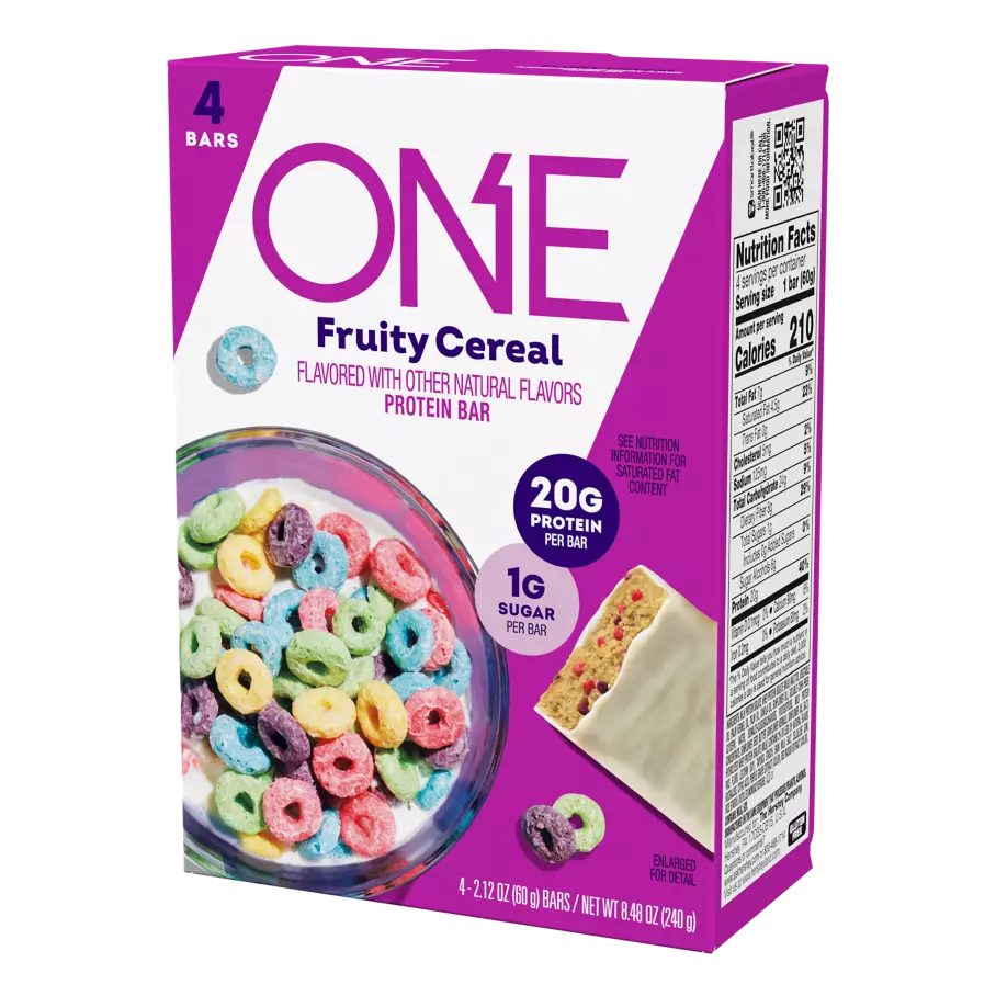 ONE BARS Fruity Cereal Flavored Protein Bars, 2.12 oz, 4 count box - Right Side of Package