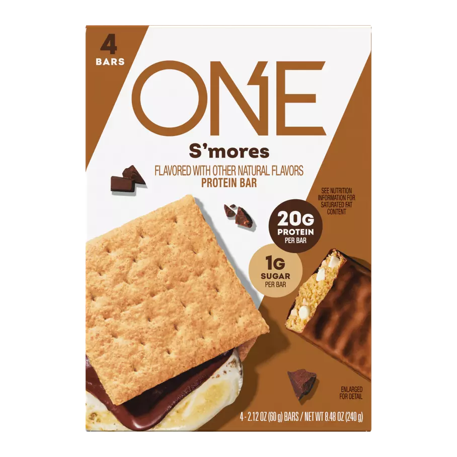 ONE BARS S'mores Flavored Protein Bars, 2.12 oz, 4 count box - Front of Package